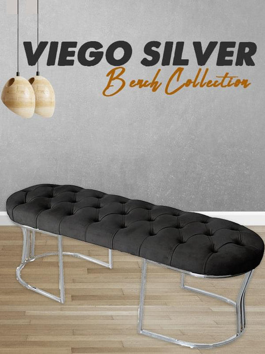 Viego Silver Puf - Lüks Metal Gümüş Ayak, Chester Model Yatak Ucu Bench Puf