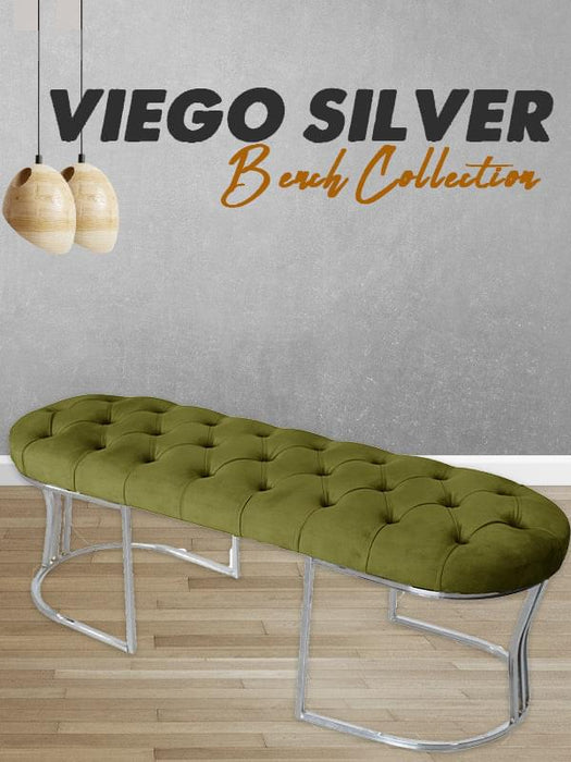 Viego Silver Puf - Lüks Metal Gümüş Ayak, Chester Model Yatak Ucu Bench Puf