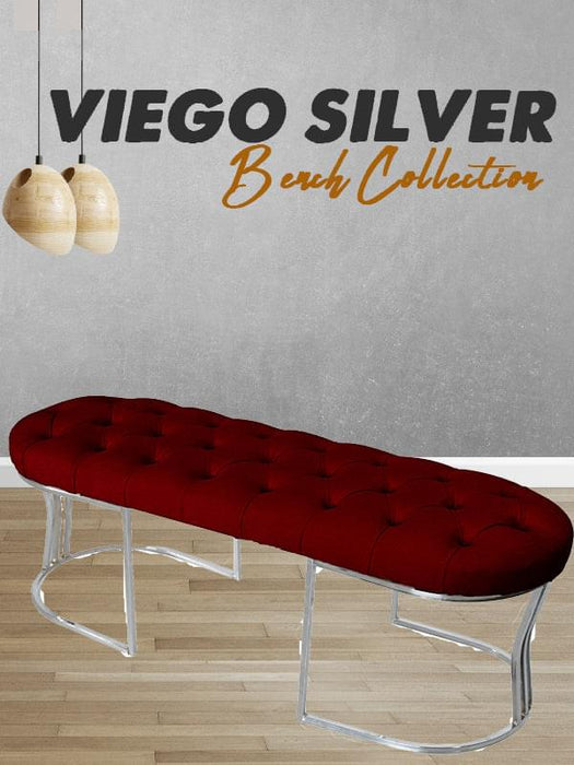 Viego Silver Puf - Lüks Metal Gümüş Ayak, Chester Model Yatak Ucu Bench Puf