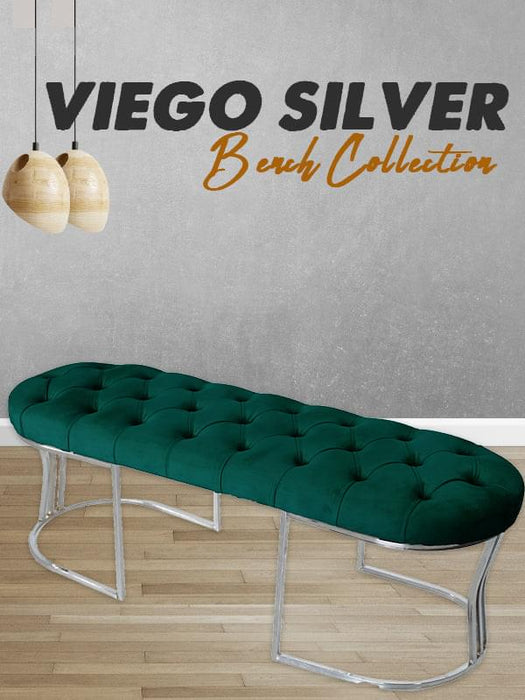 Viego Silver Puf - Lüks Metal Gümüş Ayak, Chester Model Yatak Ucu Bench Puf