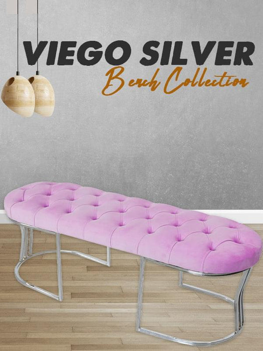 Viego Silver Puf - Lüks Metal Gümüş Ayak, Chester Model Yatak Ucu Bench Puf