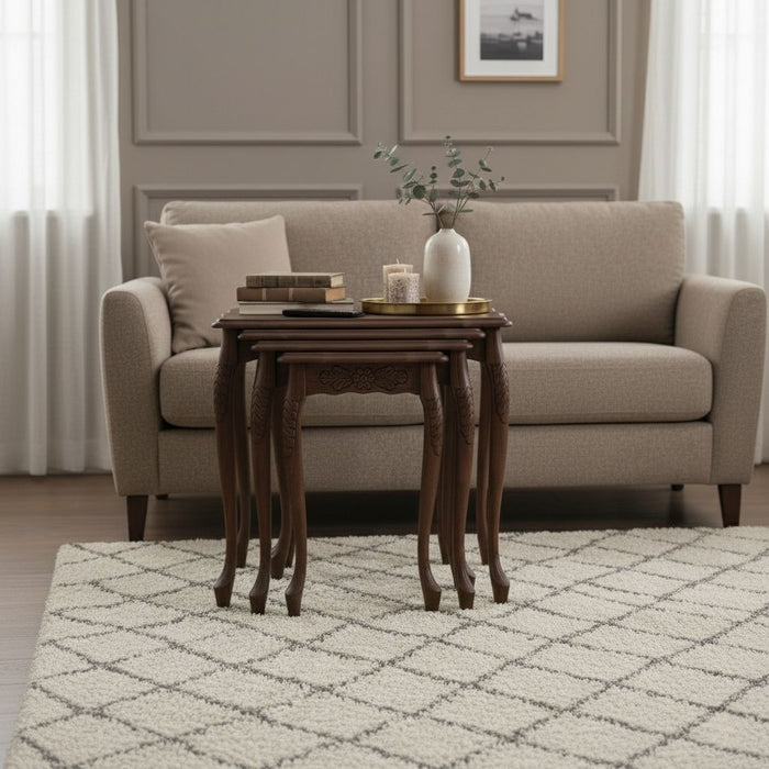 Barok Lükens Oymalı 4'lü Ahşap Zigon Sehpa