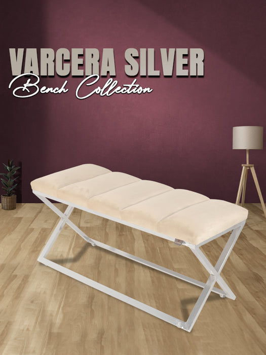 Varcera Silver Puf - Gümüş Kaplama Metal Ayaklı Dilimli Model Bench Puf