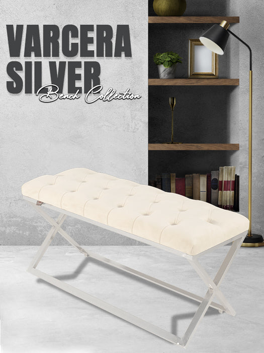 Varcera Silver Puf - Gümüş Kaplama Kapitoneli Chester Model Bench Puf