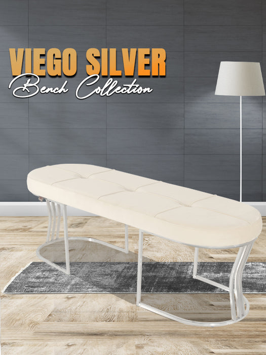 Viego Silver Exclusive Puf - Lüks Metal Gümüş Ayak, Chester Model Yatak Ucu Bench Puf