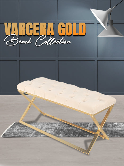 Varcera Gold Puf - Metal Ayaklı Kapitoneli Chester Model Bench Puf