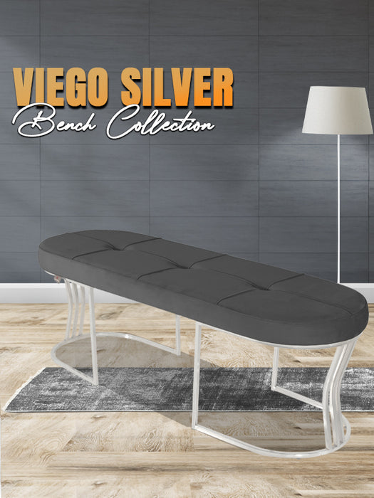 Viego Silver Exclusive Puf - Lüks Metal Gümüş Ayak, Chester Model Yatak Ucu Bench Puf