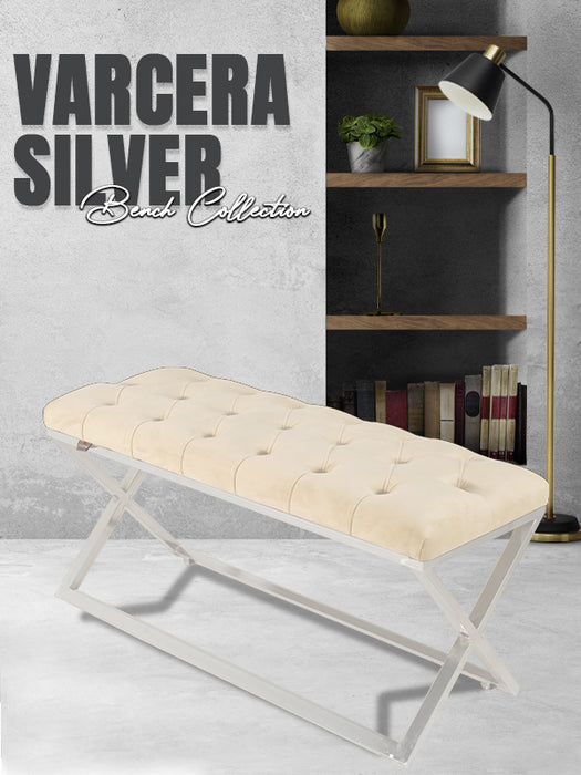 Varcera Silver Puf - Gümüş Kaplama Kapitoneli Chester Model Bench Puf