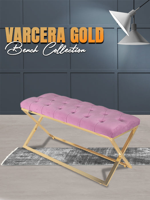 Varcera Gold Puf - Metal Ayaklı Kapitoneli Chester Model Bench Puf