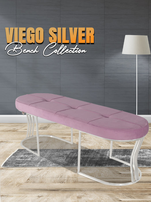 Viego Silver Exclusive Puf - Lüks Metal Gümüş Ayak, Chester Model Yatak Ucu Bench Puf