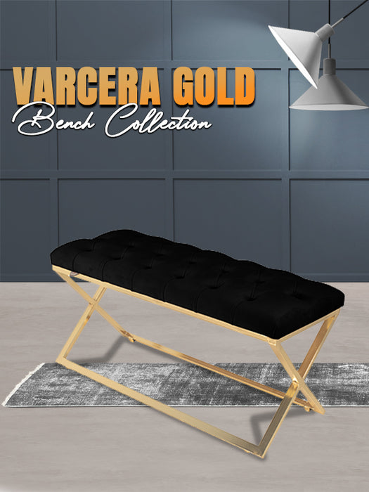 Varcera Gold Puf - Metal Ayaklı Kapitoneli Chester Model Bench Puf