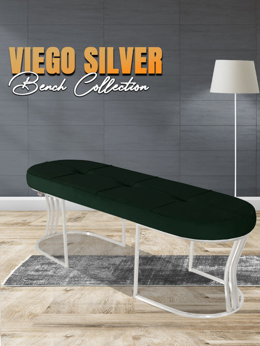 Viego Silver Exclusive Puf - Lüks Metal Gümüş Ayak, Chester Model Yatak Ucu Bench Puf