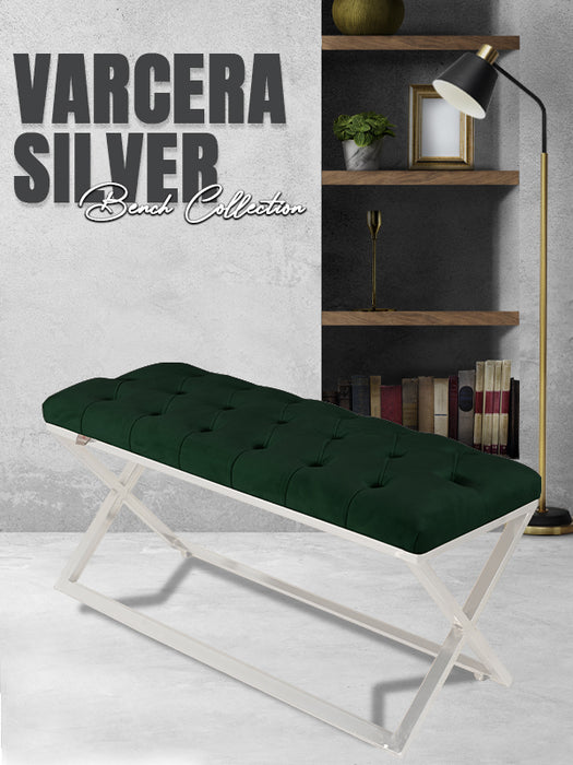 Varcera Silver Puf - Gümüş Kaplama Kapitoneli Chester Model Bench Puf