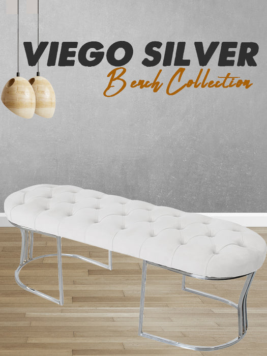 Viego Silver Puf - Lüks Metal Gümüş Ayak, Chester Model Yatak Ucu Bench Puf